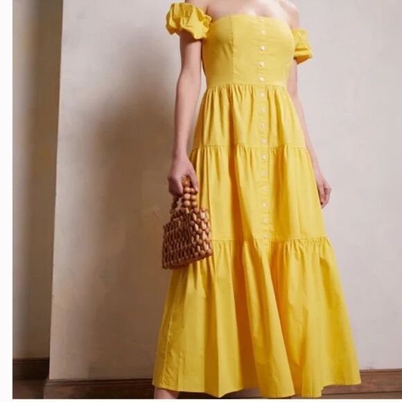 STAUD Elio Cotton Poplin Off-The-Shoulder Midi Dress Yellow size 2 - Picture 4 of 11